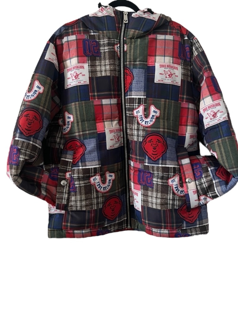 True Religion Plaid Patchwork Puffer Jacket Serape Print Size M - Picture 2 of 8
